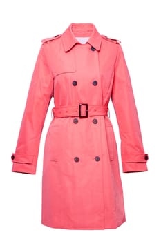 Woman coat isolated. A luxurious and stylish elegant female red  trenchcoat on mannequin isolated on a white background. Trench coat for spring and summer fashion.