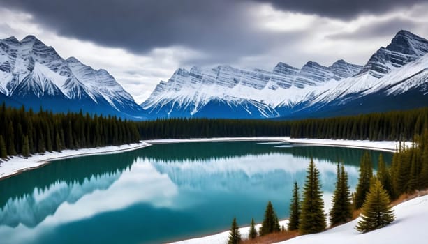AI generated of a beautiful canadian rockies with emerald turqoise color lake in Canada