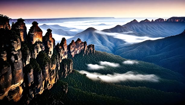 AI generated of a sister rock mountain with a green landscape and a blue mountain in the background