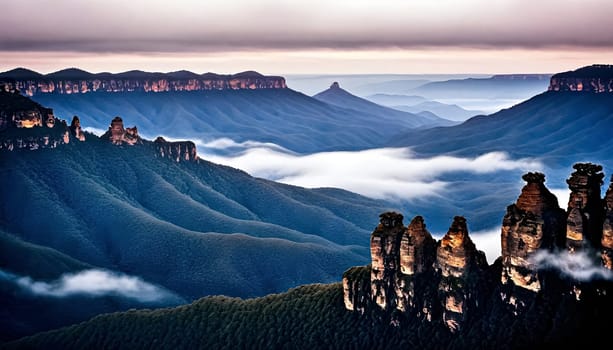 AI generated of a sister rock mountain with a green landscape and a blue mountain in the background