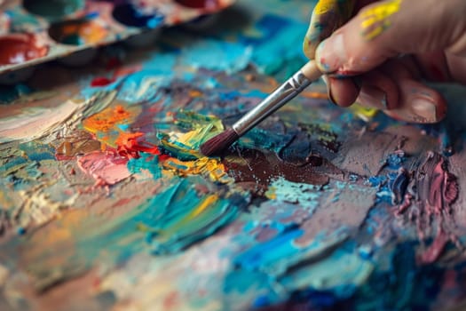 An individual is holding a paintbrush and painting colorful strokes on a canvas. The artists hand is focused and precise as they create art on the blank surface.