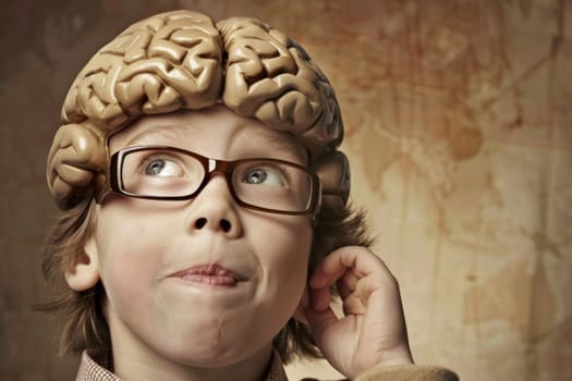 A man is shown wearing a brain model on his head, holding it in place with his hands. He appears to be demonstrating or studying the brain model in a focused manner.