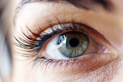A detailed view of a single blue eye, showing intricate details of the iris, pupil, and eyelashes.