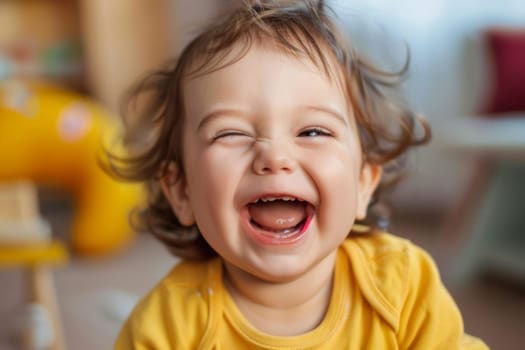 A toddler, with a radiant smile, is laughing joyfully while making a silly, exaggerated face. Their eyes are wide with excitement, and their mouth is contorted into a comical expression.