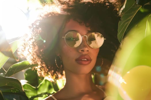 A woman with round sunglasses is standing in front of a tree. She appears stylish and confident, with a relaxed posture. The tree adds a natural backdrop to the scene.