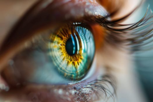 A detailed close-up view of a persons eye revealing a striking yellow iris. The iris stands out distinctly against the contrasting whites and darks of the eye, displaying a unique and rare coloration.