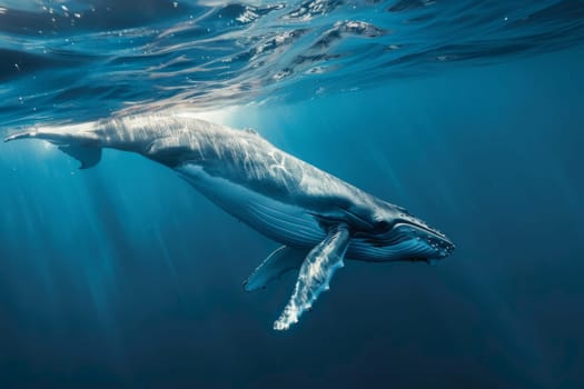 A large humpback whale gracefully swims through the deep blue ocean waters, its massive body gliding effortlessly through the waves as it moves. The whales distinct body shape and long flippers are visible as it propels itself forward.