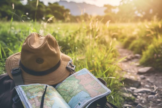 A person is sitting in a field, holding a map and wearing a hat. They appear to be studying the map, possibly navigating or planning a route. The individual seems focused and engaged in the task at hand.