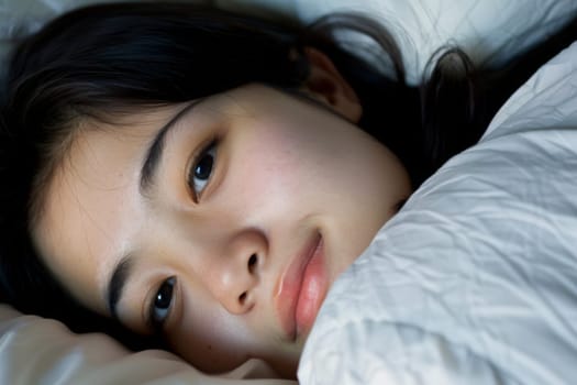 A woman is seen laying comfortably in bed with a white comforter covering her. She appears relaxed and at rest in a peaceful bedroom setting.