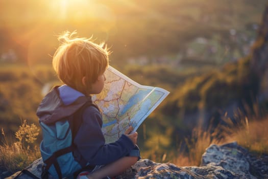 A small boy, seated on a large rock, attentively studies a map in his hands. He appears engaged, focused on navigating his surroundings using the map as a guide.