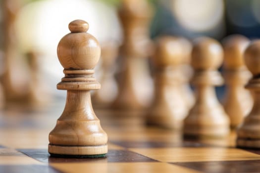 A detailed close-up of a chess board with various pieces strategically placed on the board. The pieces include pawns, knights, bishops, rooks, queen, and king, all poised for strategic moves in the game.