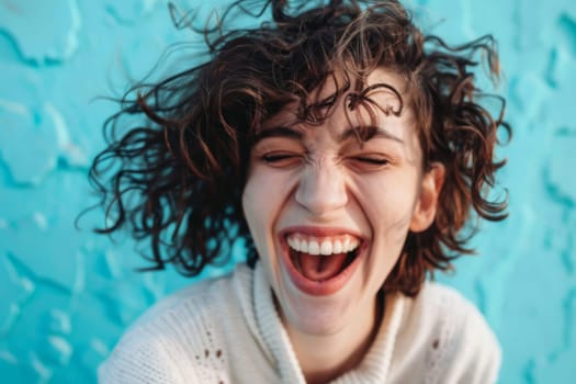 A young girl with curly hair is laughing heartily, her eyes crinkled with joy and her mouth wide open. She is exuding happiness and positivity, with her natural curls bouncing around her face as she expresses her delight.