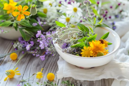 A collection of colorful flowers neatly arranged in a round bowl, showcasing their vibrant petals and varied shapes. The bowl sits on a flat surface, casting a soft shadow beneath it.