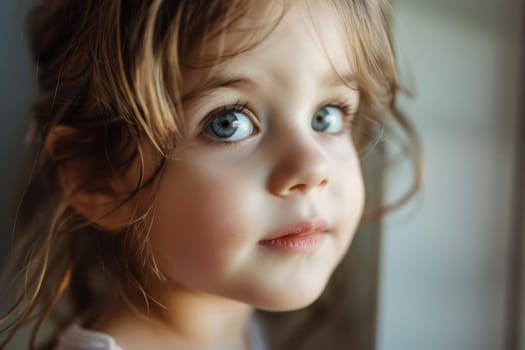 A close-up view capturing the exquisite features of a child with striking blue eyes. The image showcases the detailed beauty of the childs eyes, highlighting their unique color and depth.