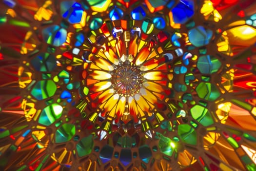 This close-up view shows a vibrant stained glass window featuring intricate patterns and a variety of colors, including shades of blue, red, green, and yellow. The sunlight shines through the glass, illuminating the detailed design.
