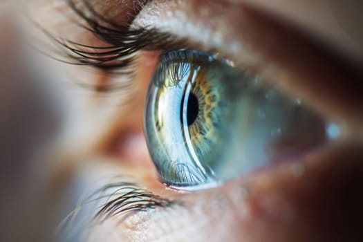 A detailed view of a human eye with striking blue iris and intricate patterns of the pupil. The eye is wide open, showcasing the intensity of the blue color and the complexity of the eye structure.