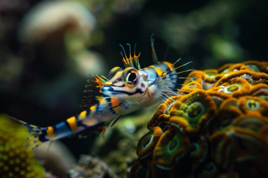 A close view of a colorful fish swimming in an aquarium, showing its scales, fins, and gills. The fish is moving gracefully through the water, showcasing its natural behavior in captivity.