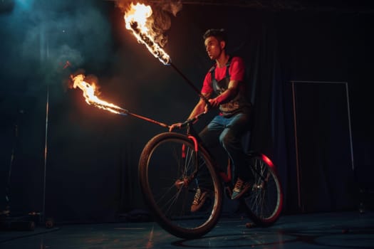 A man, riding a bike, with flames shooting up into the sky behind him.