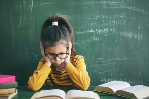 A young girl is sitting at a wooden table with a book opened in front of her. She appears engaged in reading, with her hands resting on the book cover.