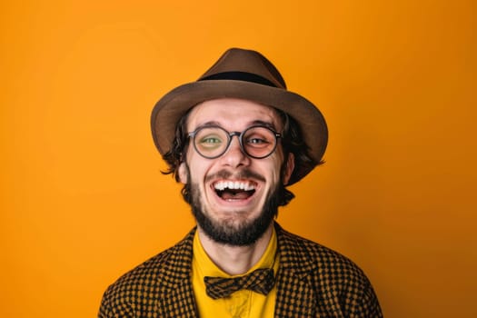 A man in a hat and glasses is smiling in this photo. He exudes a sense of joy and contentment, showcasing his positive demeanor.
