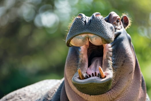 A close-up view of a hippopotamus showcasing its massive mouth wide open, revealing its formidable teeth. The hippos powerful jaws and tusks are prominent, displaying its dominance in the animal kingdom.