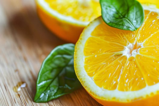 A segmented orange sits on a wooden surface, showcasing its vibrant color and juicy texture. The slices are neatly arranged in a visually appealing manner, ready to be enjoyed.