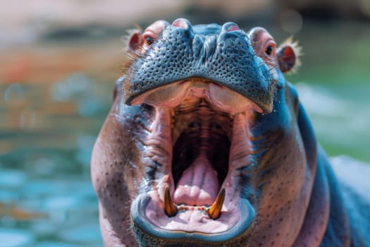 A hippopotamus is shown with its large mouth open wide, displaying its powerful jaws and sharp teeth. The animal appears in a moment of aggression or dominance, showcasing its intimidating presence in the wild.