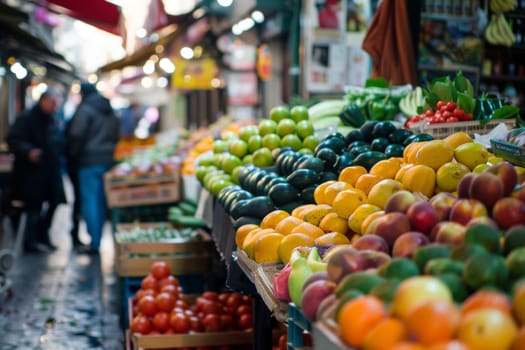 The market is filled with stalls overflowing with colorful fruits and vegetables. Customers are browsing, selecting, and purchasing produce from the vendors. The atmosphere is vibrant and busy.