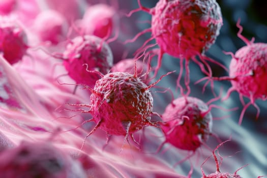 A group of red and pink blood cells are clustered together, moving through a blood vessel. The red blood cells transport oxygen, while the pink blood cells play a role in the immune system.