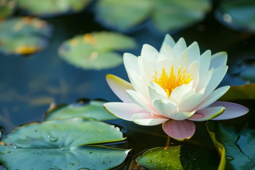 A white water lily blooms in a pond surrounded by lily pads. The delicate petals of the flower contrast beautifully with the vibrant green leaves floating on the water.