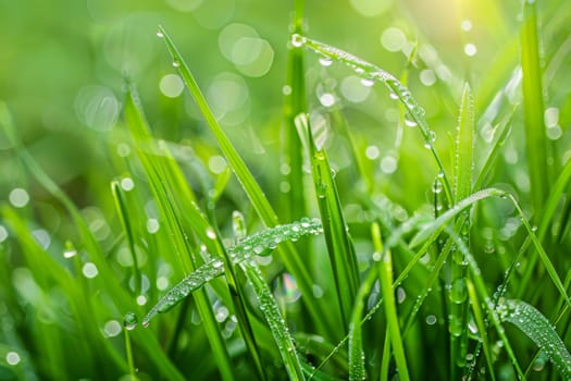 A detailed close-up view of green grass blades covered in small water droplets, reflecting bright light. The droplets appear like jewels, enhancing the texture and freshness of the grass.