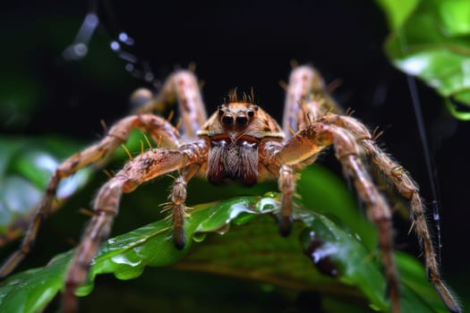 A detailed close-up of a spider perched on a vibrant green leaf, showcasing its intricate body structure and delicate legs in the natural environment.