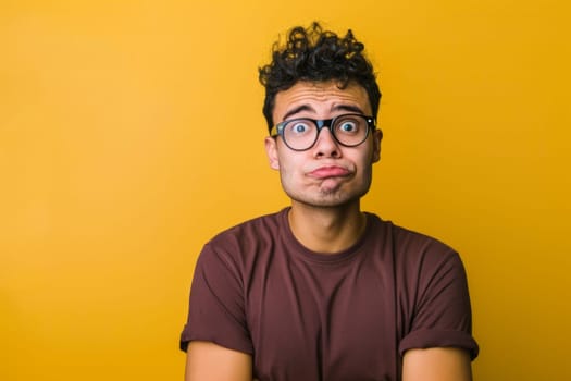 A man wearing glasses is contorting his face into a comical expression, causing his features to appear exaggerated and humorous. His mouth is twisted, and his eyes are wide, conveying a sense of playfulness and silliness.