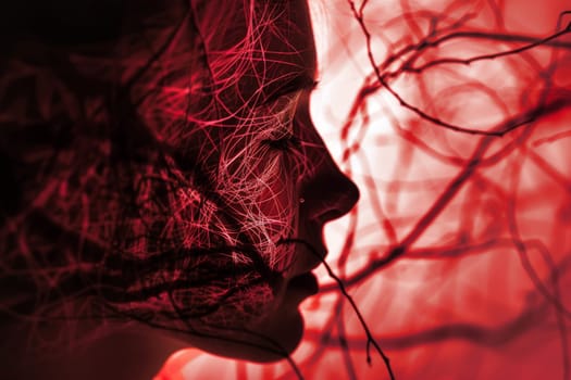 A close-up of a womans face with branches in the background. The womans features are highlighted, with the branches adding a natural element to the composition.