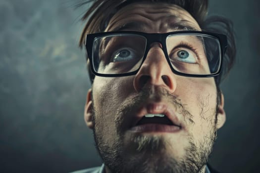 A man with glasses contorts his face, eyes wide open in a comedic expression. His facial muscles are visibly strained as he creates a humorous grimace.