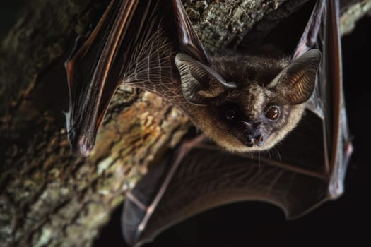 A bat clings upside down to a tree branch, showcasing its unique ability to roost in this position. The bats wing membranes are stretched out, aiding in balance and camouflage against the dark tree bark.