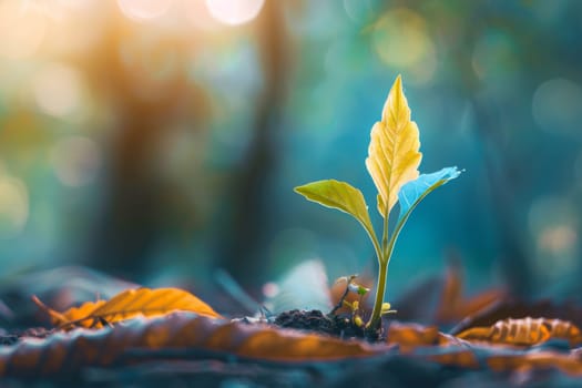 A young plant breaks through the forest floor, its delicate green leaves unfurling under the canopy of trees. This small seedling represents the cycle of life and growth in the dense woodland environment.