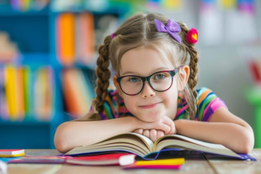 A young girl with glasses sits absorbed in a book, turning the pages with intense focus. Her small fingers grip the book as she leans in to read the words on the page.