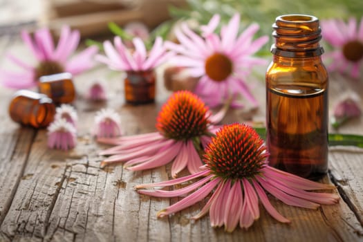 A bottle of essential oil is placed next to a bouquet of fresh flowers on a wooden table. The sunlight illuminates the scene, highlighting the vibrant colors of the flowers.
