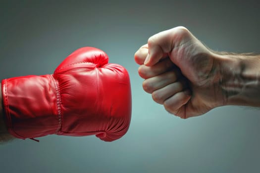 A detailed view of an individual wearing red boxing gloves, readying themselves for a boxing match. The gloves are prominently displayed, showcasing the intensity and focus of the moment.