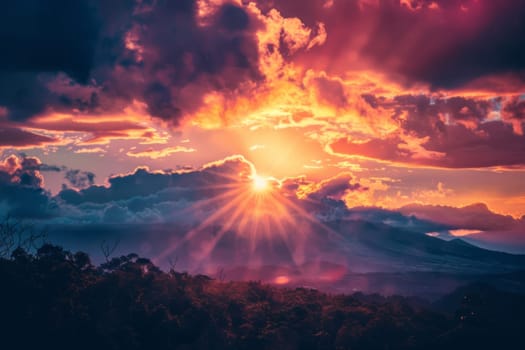 The sun descends below the horizon, casting a warm glow over the jagged peaks of a mountain range. Silhouettes of mountains stand tall against the colorful sky, creating a dramatic and mesmerizing scene.