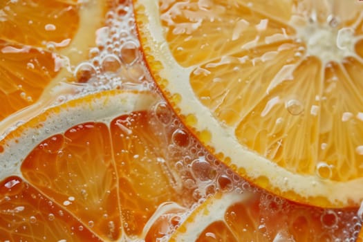 A detailed view of fresh orange slices, glistening with water droplets, showcasing their vibrant color and juicy texture. The droplets enhance the visual appeal, adding a refreshing element to the image.