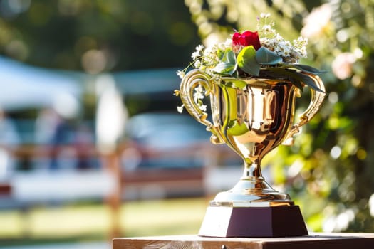 A golden trophy stands prominently with a delicate rose placed on its top. The trophy glimmers in the light showcasing its intricate details and craftsmanship.