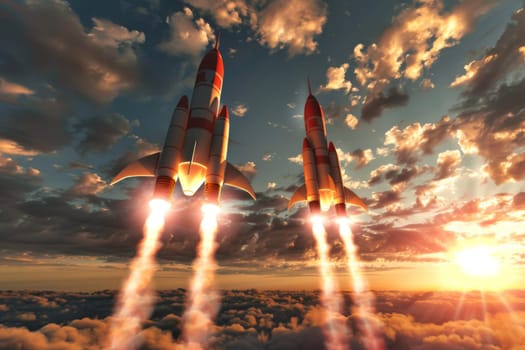 Two rockets are seen soaring through the sky, leaving behind a trail of exhaust as they propel upwards. The rockets appear powerful and thrusting as they make their way through the atmosphere.
