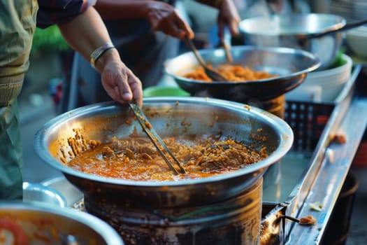 A diverse group of individuals are gathered around a table stacked with various dishes of food. They appear engaged in conversation, some reaching for plates and serving themselves. The scene suggests a social gathering or mealtime event.