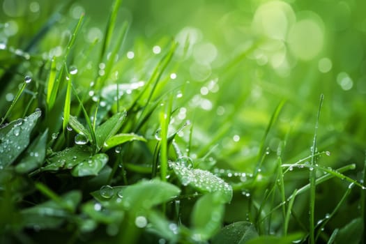 This close-up view showcases blades of grass covered in delicate water droplets, glistening under the sunlight. The water droplets are perfectly spherical, clinging to the blades of grass, enhancing the texture and detail of each individual leaf. The intricate network of veins on the grass blades creates a mesmerizing pattern, accentuated by the shimmering water droplets.