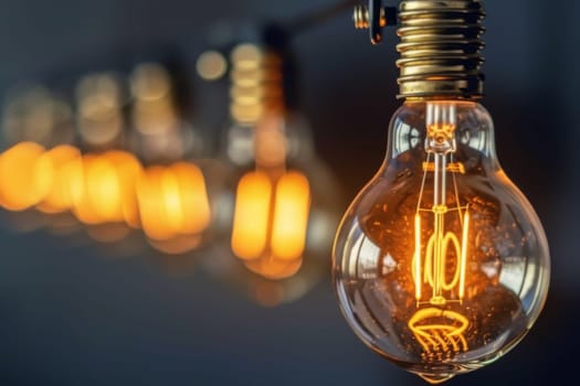 A light bulb has been turned on, casting a bright glow in a room. The filament inside the bulb is illuminated, creating light and warmth.