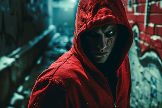 A man wearing a red hoodie is standing in front of a wall, looking straight ahead. The wall behind him appears to be made of bricks with some graffiti. The mans hands are in his pockets, and he seems to be deep in thought.
