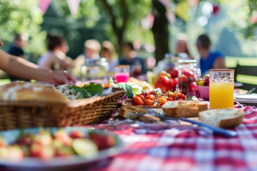 A picnic table is laden with a variety of food and drinks ready to be enjoyed. Sandwiches, fruit, salads, chips, cookies, sodas, and water bottles are neatly arranged for a delicious outdoor meal.