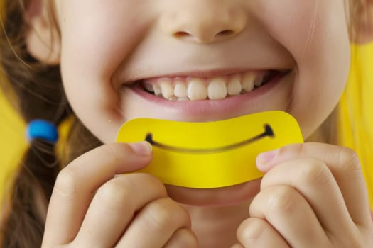 A young girl is holding a yellow piece of paper with a smiley face drawn on it. She is smiling happily as she looks at the paper in her hands.